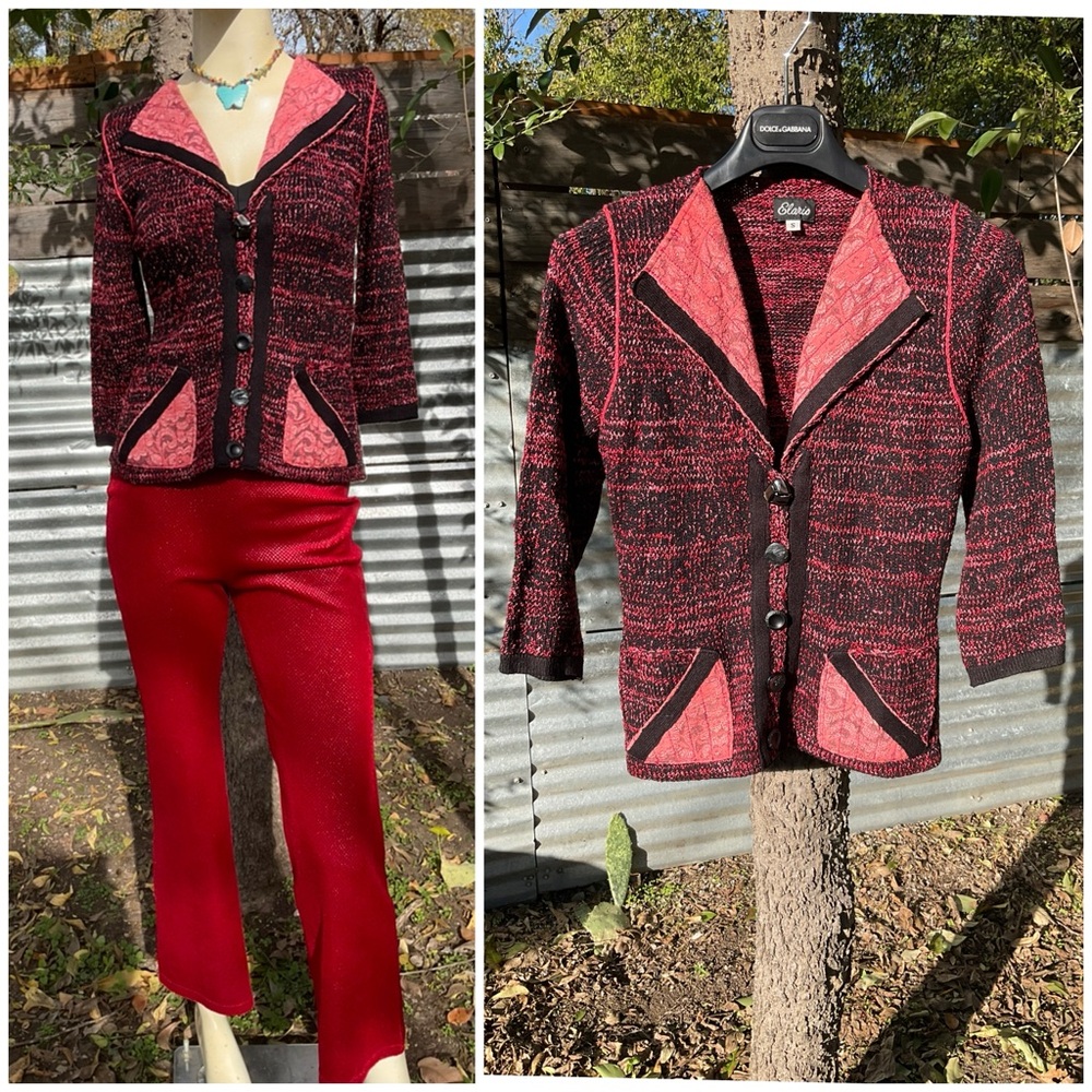 Elaris Knit Patchwork Lace Art to Wear Cardigan Sweater